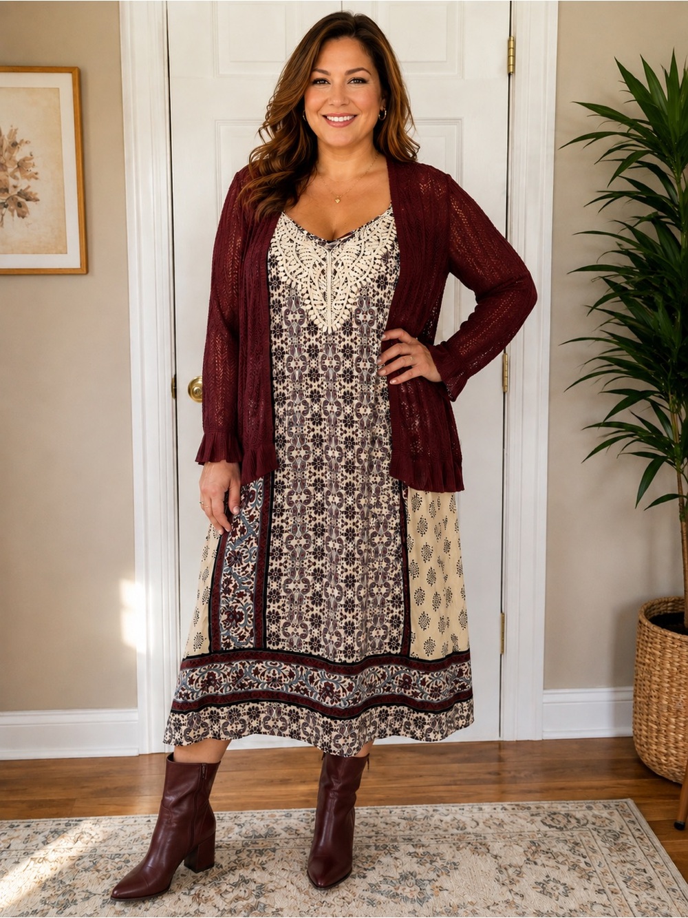 EUC Knox Rose Boho Sundress & Burgundy Cardigan Set – XL – Boutique Style
